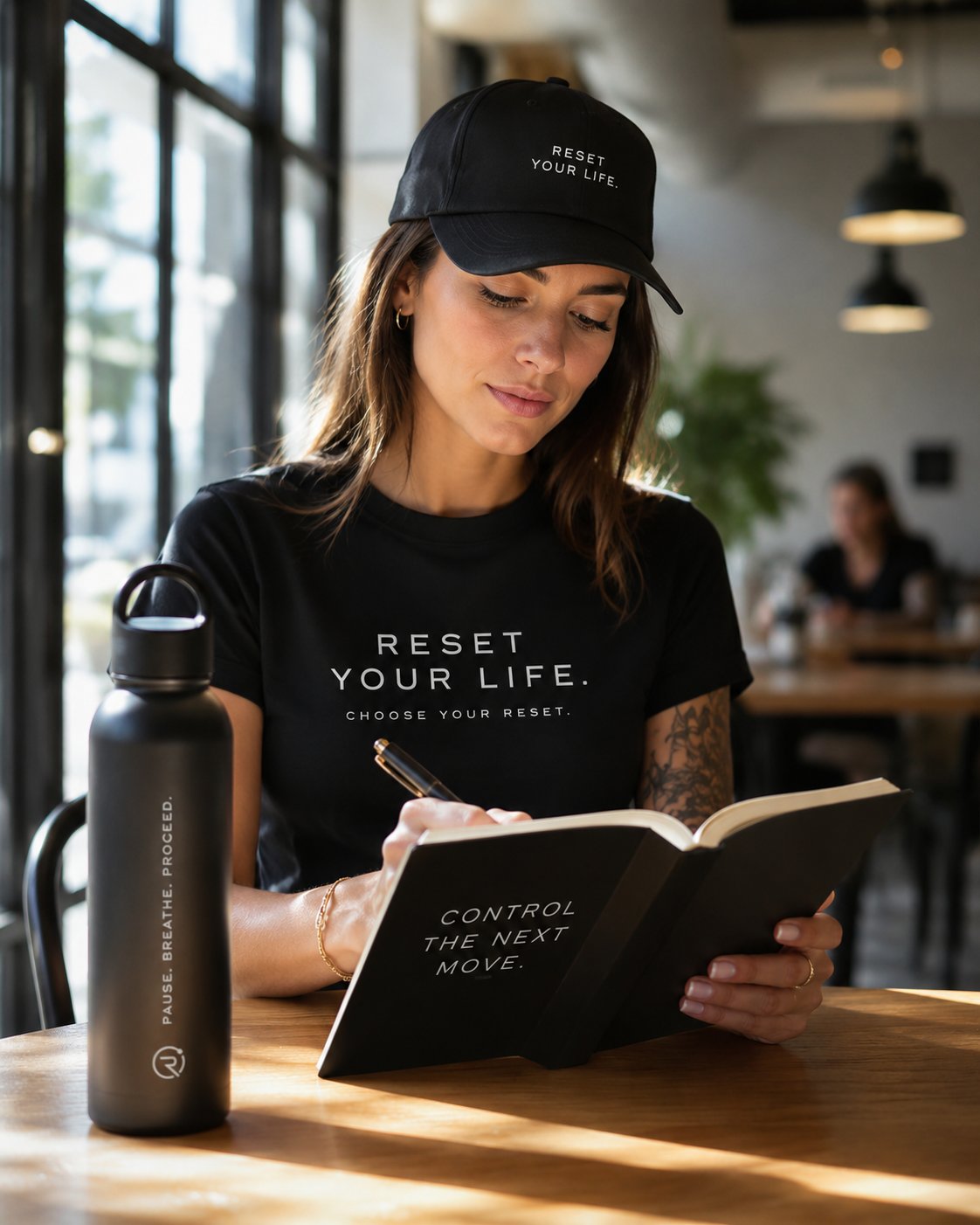 Woman at café with Reset gear