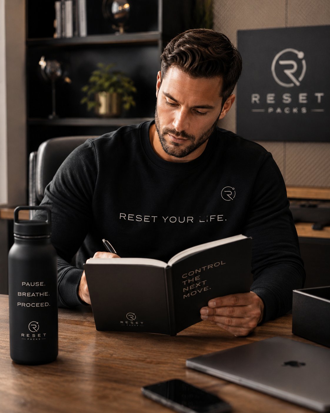 Man at desk with Reset gear