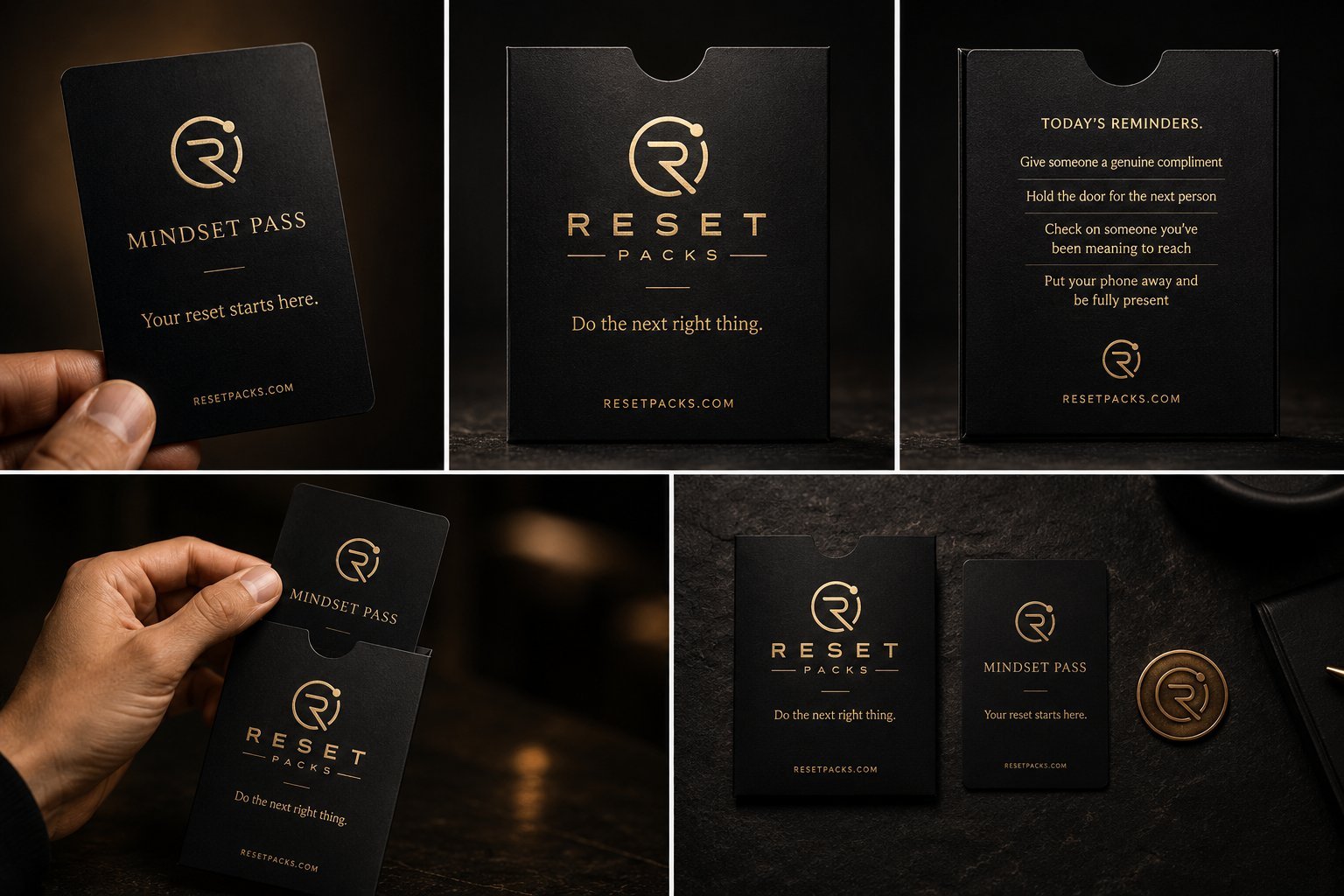 Reset Packs — Mindset Pass, Reminder Reset sleeve with today's reminders, and the gold R coin