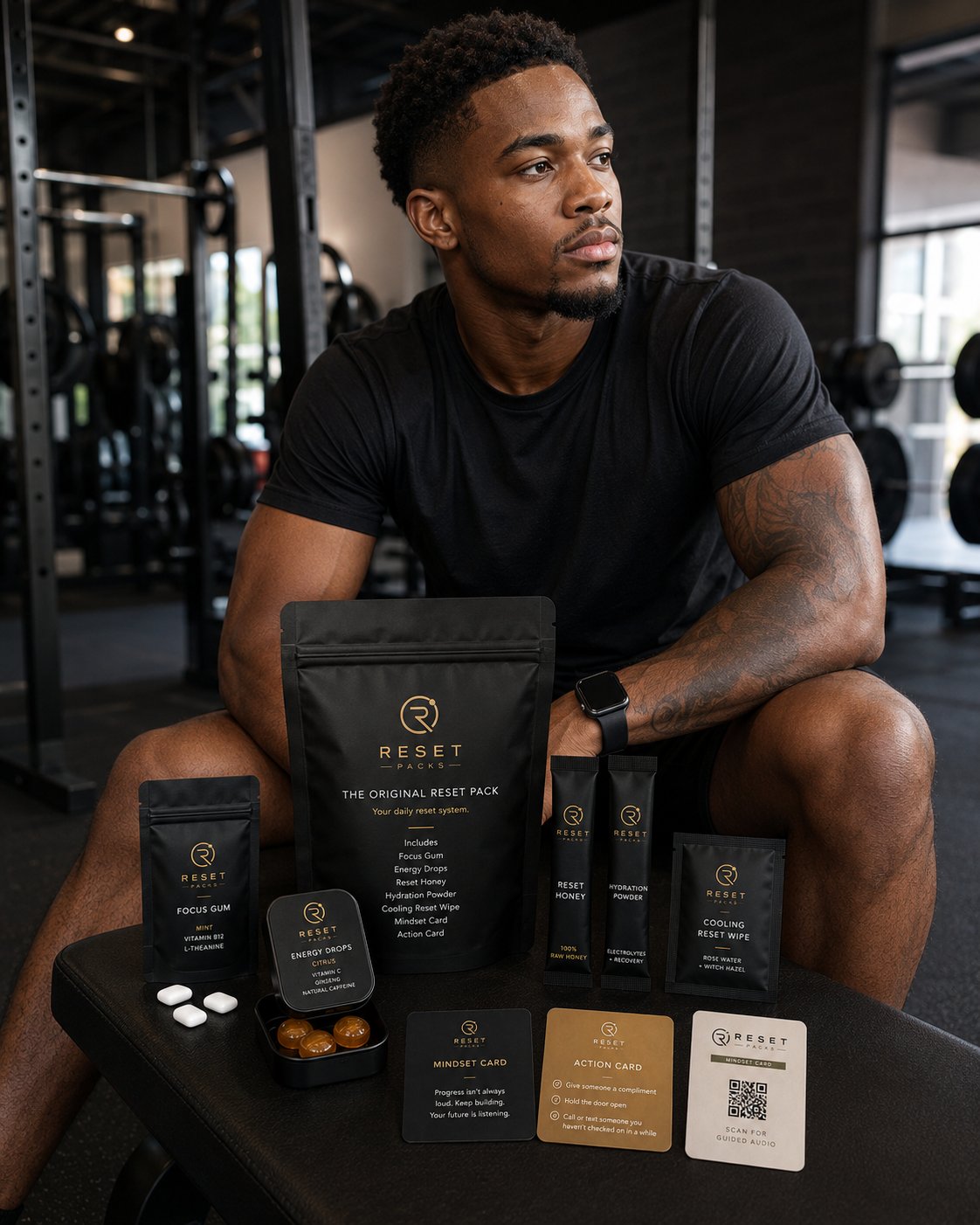 Man at gym with Reset Packs
